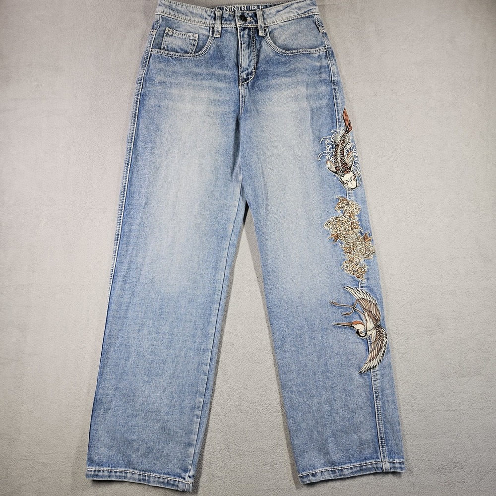 Ninth Hall Jeans Womens 4 Embroidered Floral Koi Denim Y2K Skater Streetwear